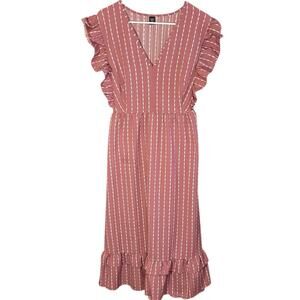 Womens Dusty Rose Stripe Ruffle Sleeve Midi Dress Plus Size 2XL Boho Cottagecore